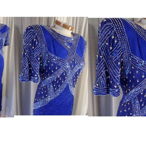 Vintage Long Blue Silk Gown Gold Beads Large Kazar - Picture 4 of 8